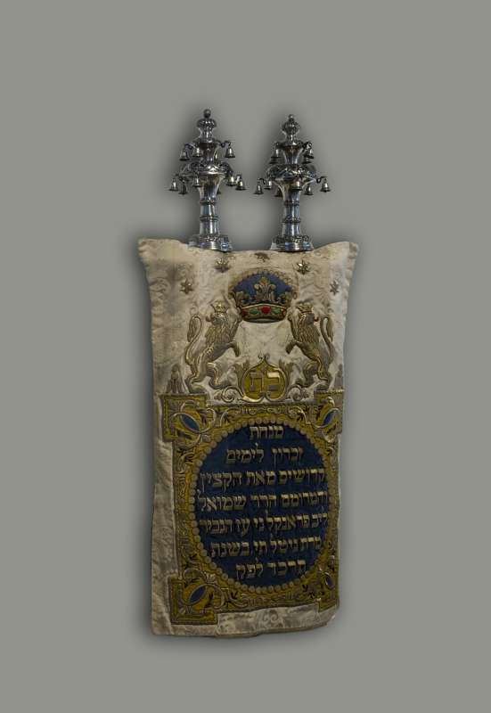 Torah mantle and finials for the High Holidays<p>